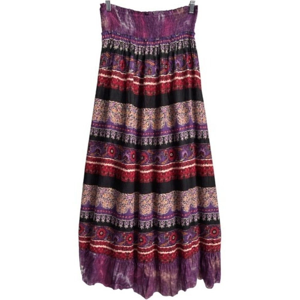 Chanty KC Purple Boho Mixed Print Smocked Waist Cotton Maxi Skirt S Style 1495